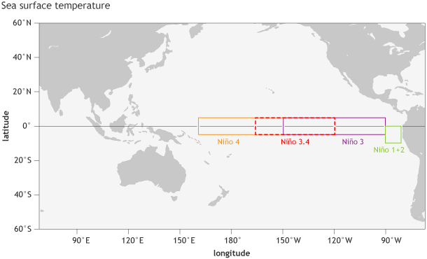 Map illustration of location of ENSO monitoring regions of the tropical Pacific 