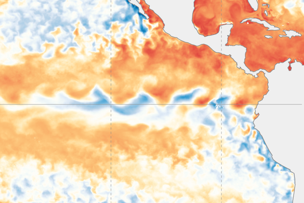 map of departure from average sea surface temperature in eastern Pacific